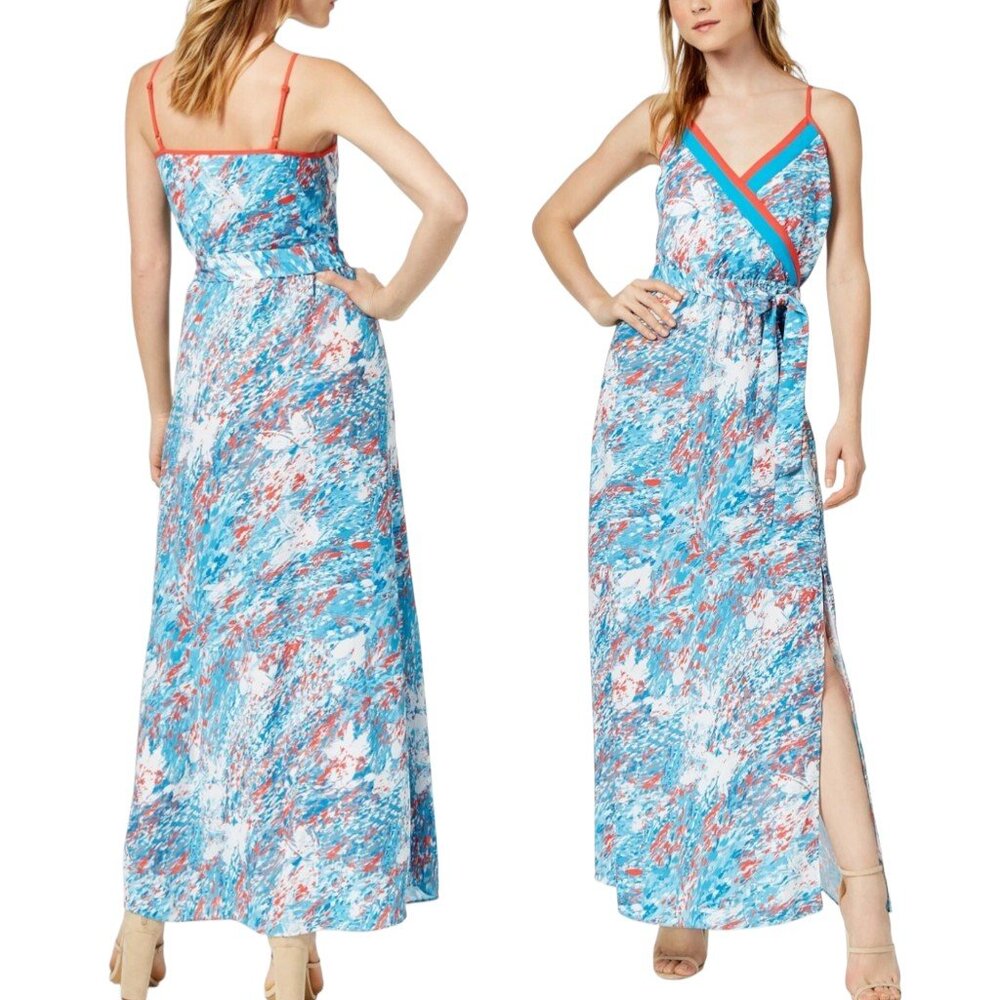 Bar III NWT Blue Red White Print Tie Waist Surplice Maxi Dress Women's Size S